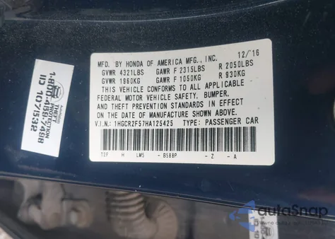 2017 Honda Accord Sport from USA, damaged, VIN 1HGCR2F57HA125425